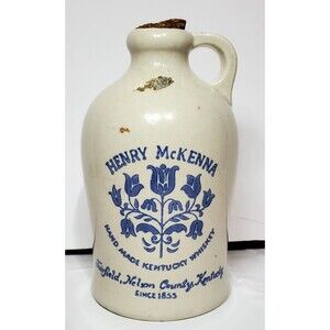 Henry McKenna Vtg Stoneware Sour Mash Bourbon Whiskey 4/5 Quart Empty Flawed